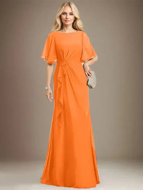 A-Linien Rundhals bodenlanges Chiffon Mutter der Braut Kleid mit kaskadierenden Rüschen Perlen Pailletten