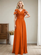 A-Linien V-Ausschnitt Bodenlanges Spitzen-Chiffon Kleid für die Brautmutter mit Pailletten