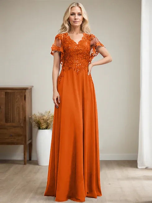 Robe mère de la mariée ligne A col en V longue en dentelle et chiffon avec sequins