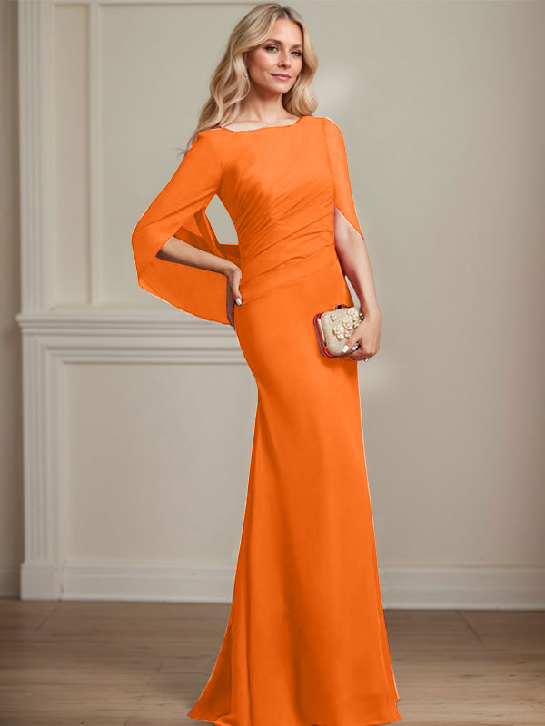 Trompeten-/Meerjungfrauen-Chiffonkleid mit Bootsausschnitt, bodenlang, plissiert, Brautmutterkleid