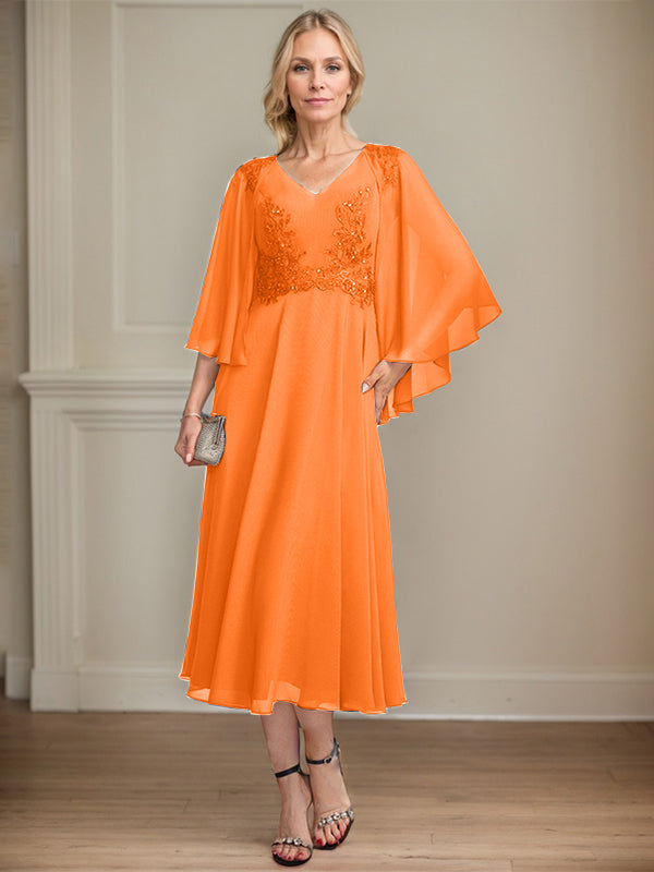 A-Linien-Brautmutterkleid aus Chiffon, V-Ausschnitt, tea-length mit Spitze, Pailletten und Perlen