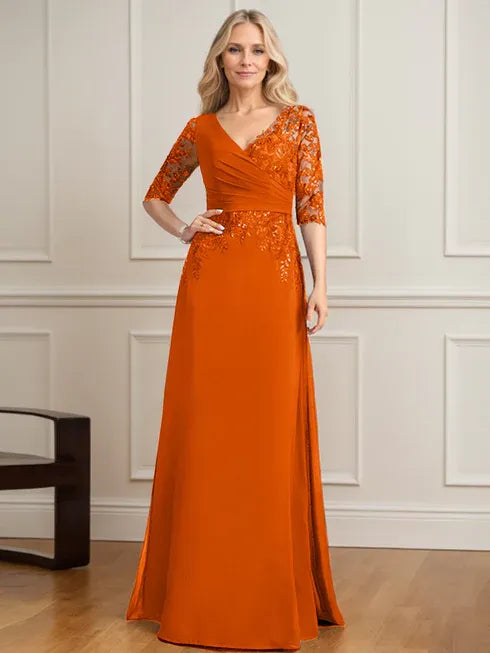 A-Linien V-Ausschnitt bodenlanges Spitzen-Chiffon Kleid der Brautmutter mit plissierten Pailletten