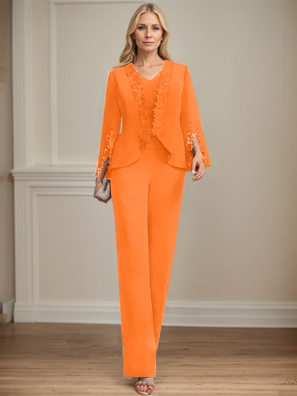 Zweiteiler Jumpsuit/Hosenanzug V-Ausschnitt bodenlanges Chiffon Mutter der Braut Kleid