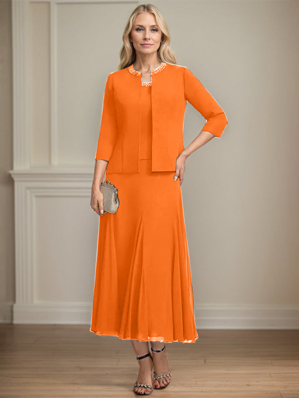 Separates A-Linien Chiffonkleid mit Rundhalsausschnitt, tea-length, Mutter der Braut mit Pailletten und Perlen
