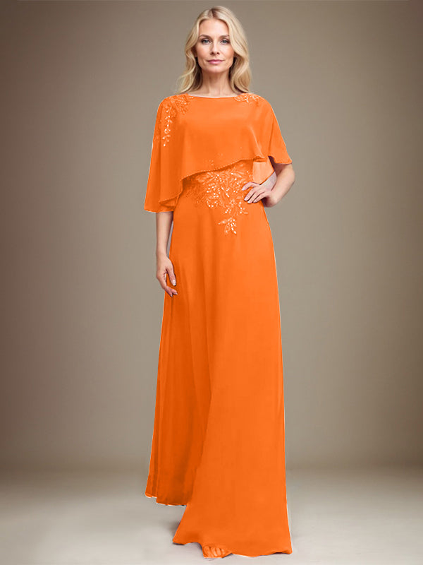 A-Linie Rundhals Bodenlanges Chiffon-Spitzenkleid für die Brautmutter mit Pailletten und Perlen