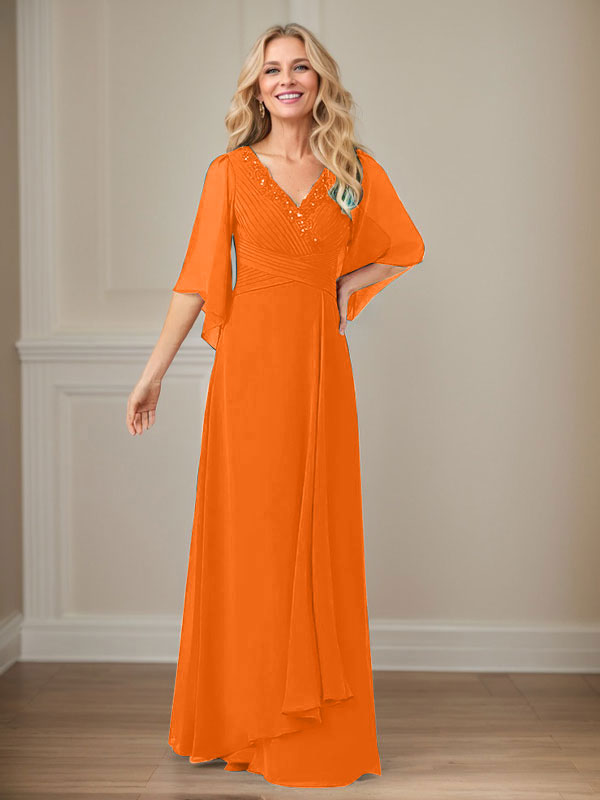 A-Linien V-Ausschnitt langes Pailletten-Chiffon Mutterkleid