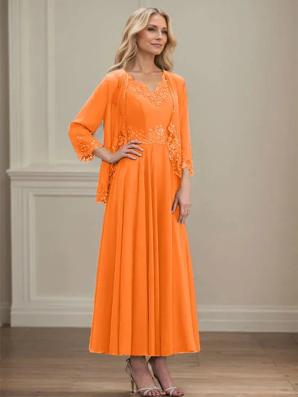 A-Linien Kleid mit V-Ausschnitt, knöchellang, aus Chiffon, Mutter der Braut Kleid mit Pailletten, Applikationen, Spitze und Perlenbesatz