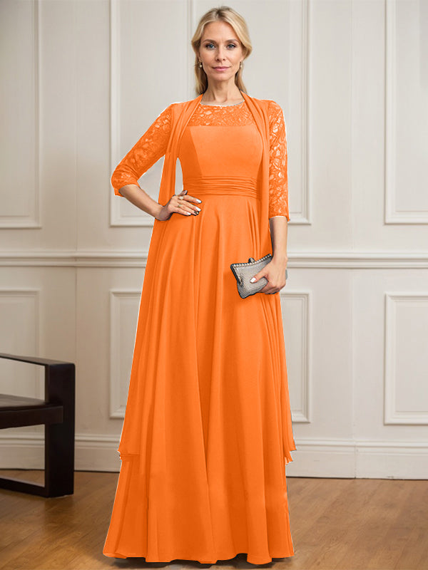 A-Linien Kleid mit Rundhalsausschnitt, Illusion, bodenlang aus Spitze und Chiffon, Mutter-der-Braut-Kleid mit Faltenwurf