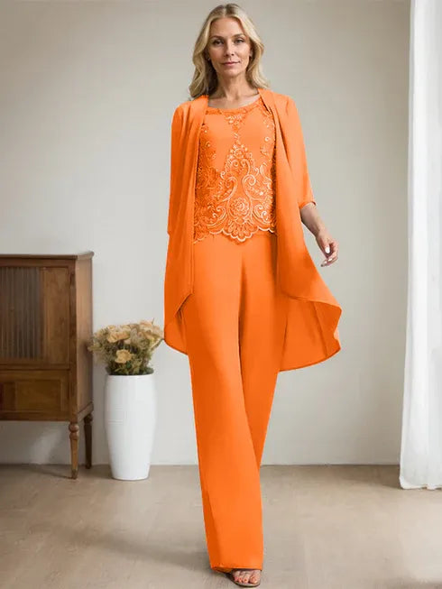 Zweiteiler Jumpsuit/Hosenanzug mit Rundhalsausschnitt, bodenlanges Chiffon-Spitzenkleid für die Mutter der Braut mit Perlen und Pailletten