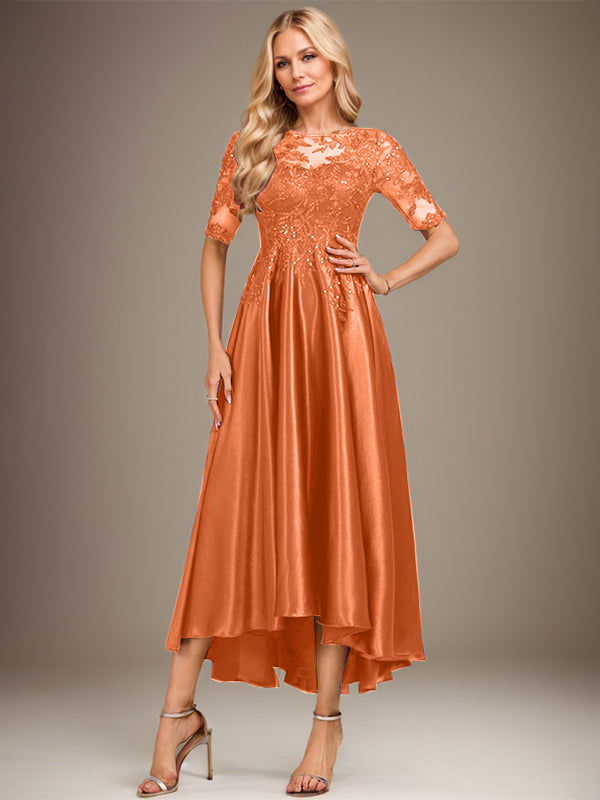 A-Linie Rundhalsausschnitt Illusion Asymmetrisches Stretch-Satin-Spitzen-Brautmutterkleid mit Pailletten