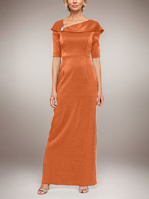 Langes schimmerndes Säulenkleid mit umgeschlagenem Ärmelbündchen, L-Ausschnitt und Ellbogenärmeln