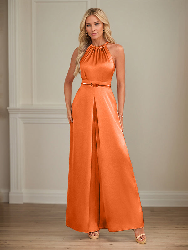 Jumpsuits Neckholder bodenlanges Satin Hochzeitskleid