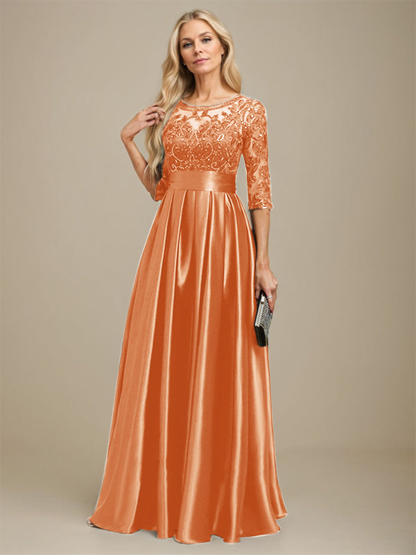 A-Linien Ausschnitt Illusions bodenlanges Stretch-Satin-Spitzenkleid für die Brautmutter mit Schleife und Pailletten