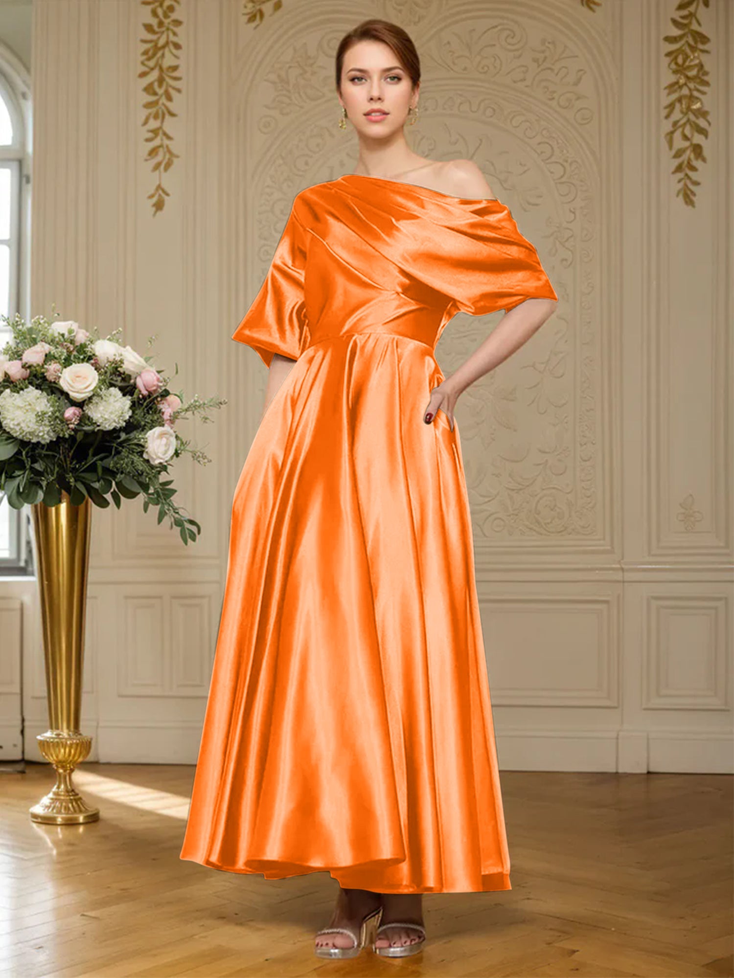 A-Linien Kurzarm plissiertes knöchellanges seidenähnliches Satin Kleid für die Brautmutter