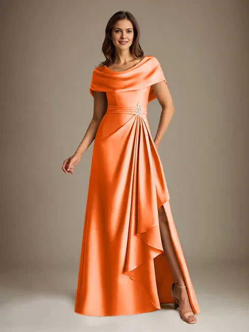 A-Linien-Kleid mit Rundhalsausschnitt, bodenlang, aus Stretch-Satin, Brautmutterkleid mit fallenden Rüschen