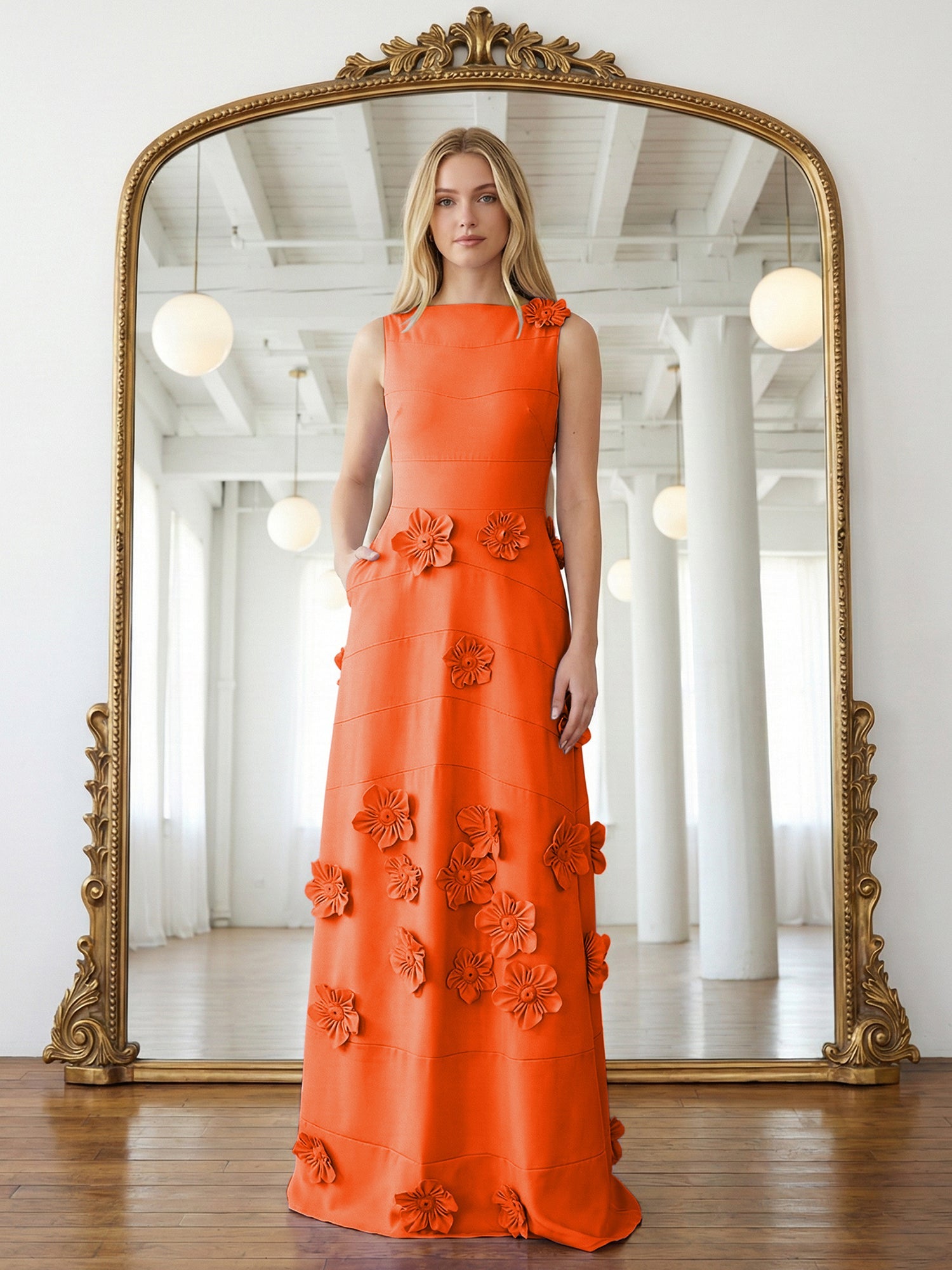 Lavendelfarbenes formelles Kleid mit U-Boot-Ausschnitt und herabfließenden 3D-Blumen