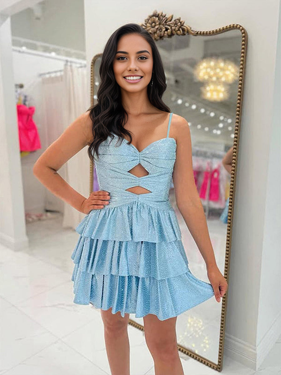 A Line Spaghetti Straps Sweetheart Satin Homecoming Dress with Keyhole