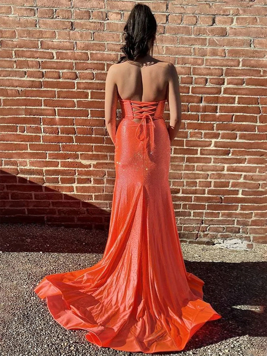 Robe de bal longue sirène orange sans bretelles avec perles