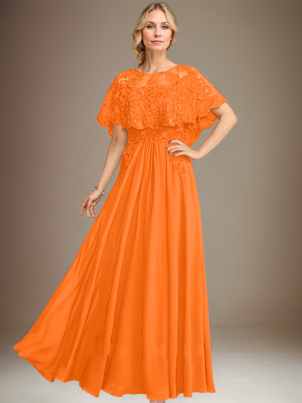 A-Linien Spitzen-Chiffon-Mutter-der-Braut-Kleid mit Bootsausschnitt, bodenlang und Applikations-Pailletten
