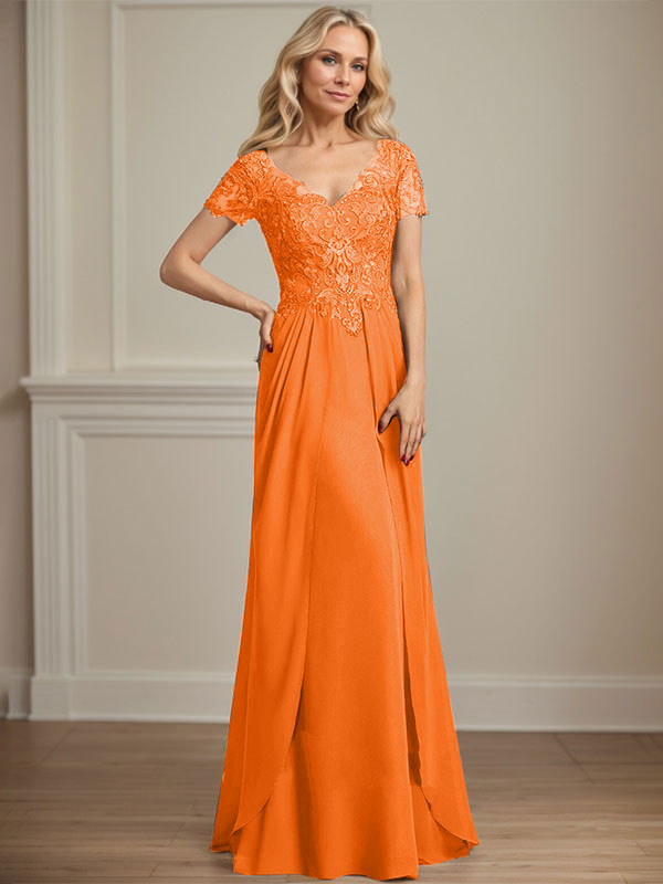 A-Linien Chiffon-Spitzen-Mutter-der-Braut-Kleid mit V-Ausschnitt, bodenlang