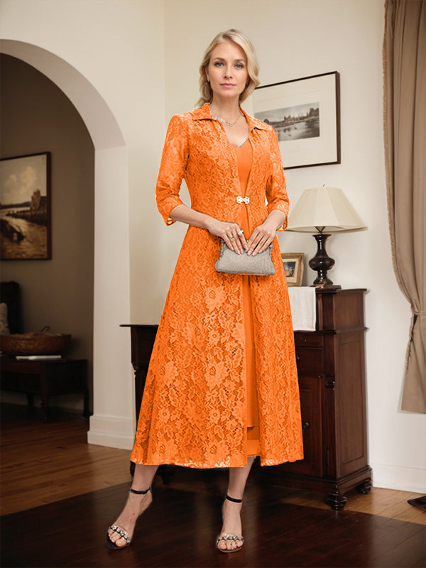 Robe mère de la mariée en mousseline longueur thé à encolure en V et coupe trapèze