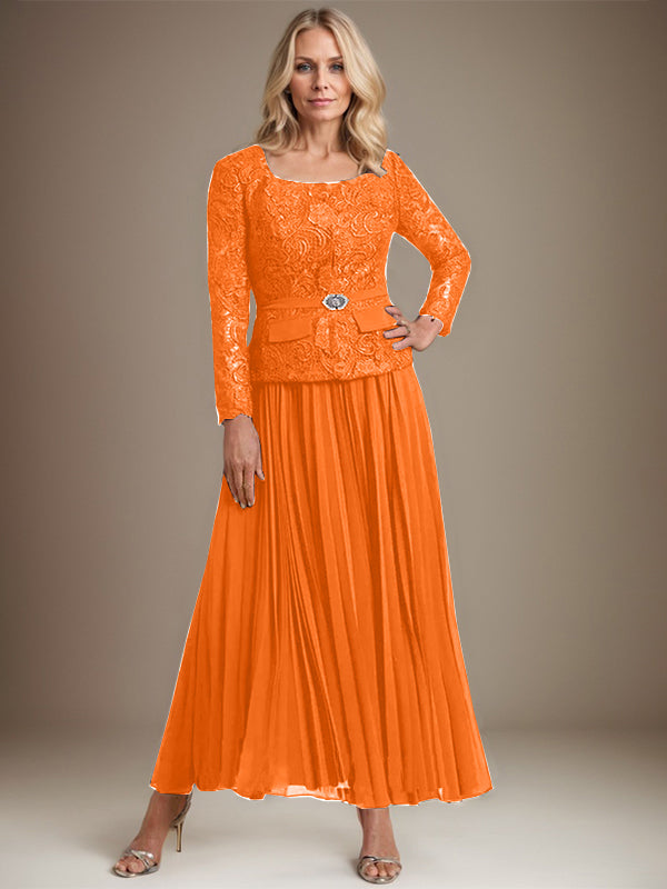 A-Linien-Kleid mit quadratischem Ausschnitt, knöchellang, Chiffon, Mutter der Braut, mit Falten