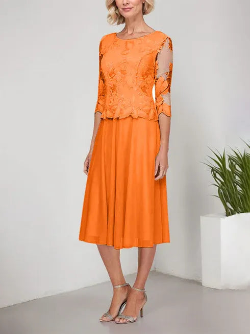 A-Linie Rundhals Tee-Länge Spitze Chiffon Mutter-der-Braut-Kleid mit Stickerei