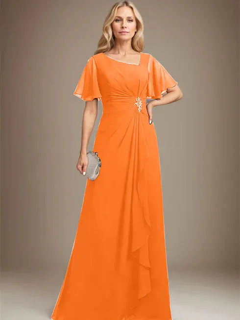 A-Linien asymmetrisches bodenlanges Chiffon Mutter-der-Braut-Kleid mit plissierten Perlen und Pailletten