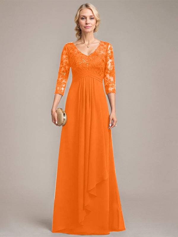 A-Linien V-Ausschnitt bodenlanges Spitzen-Chiffonkleid für die Mutter der Braut mit kaskadierenden Rüschen und Pailletten