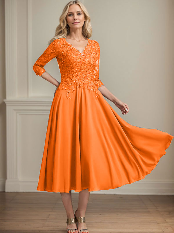 Robe de mère de la mariée en mousseline longueur thé, ligne A, col en V, en dentelle avec perles et sequins