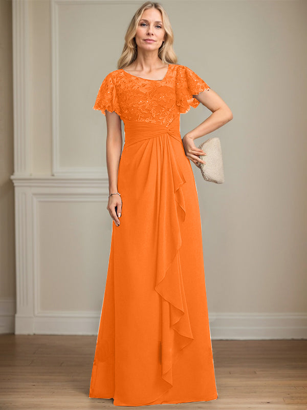 A-Linie asymmetrisches Illusions bodenlanges Spitzen-Chiffon Brautmutterkleid mit kaskadierenden Volants und Pailletten