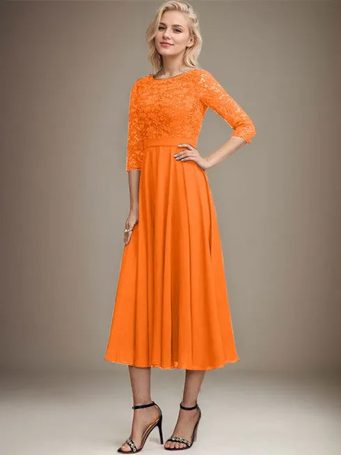 A-Linien Spitzen-Chiffon-Brautmutterkleid mit V-Ausschnitt, tea-length, mit Pailletten