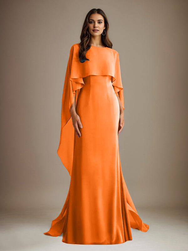 Etuikleid/Säulenkleid Bootsausschnitt bodenlanges Chiffon Mutter-des-Braut-Kleid mit kaskadierenden Rüschen