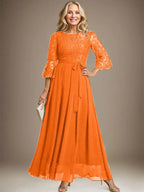 A-line Scoop Ankle-Length Lace Chiffon Mother of the Bride Dress With Bow