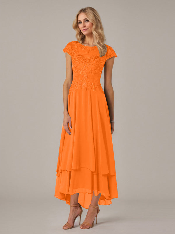 A-Linien Boot-Ausschnitt Illusions asymmetrisches Chiffon-Spitzen Mutterkleid der Braut mit Applikationsfalten