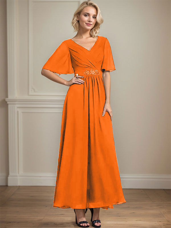 A-Linien V-Ausschnitt Knöchellanges Chiffon Kleid für die Brautmutter mit plissierten Perlen und Pailletten