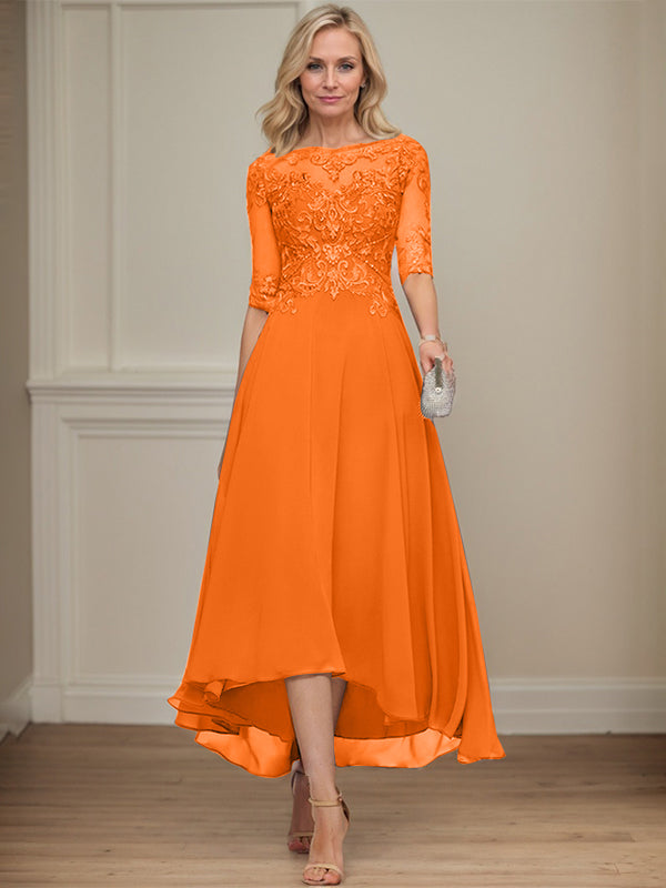 A-Linien Bootsausschnitt Illusionskleid mit asymmetrischem Chiffon-Spitzenstoff, Mutter-der-Braut-Kleid mit Paillettenperlen