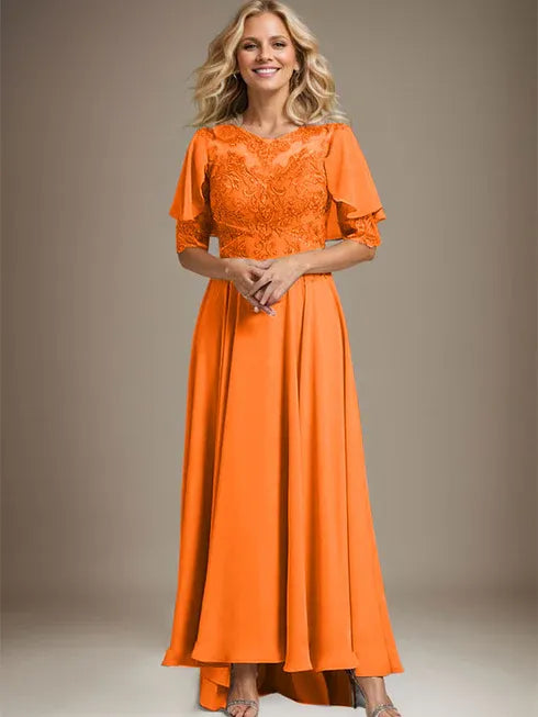 A-Linien Kleid mit Scoop-Ausschnitt, Illusion, asymmetrischem Chiffon und Spitzen, Mutter-der-Braut-Kleid mit Perlenbesatz