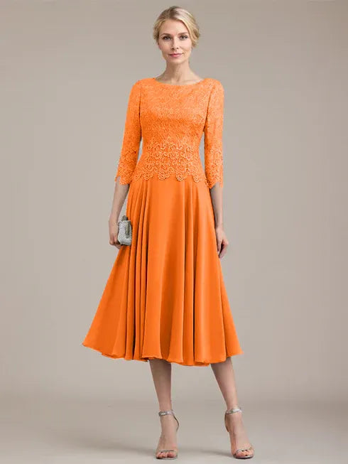 A-Linien Kleid mit Rundhalsausschnitt, tea-länge, Spitze und Chiffon, Mutter der Braut Kleid