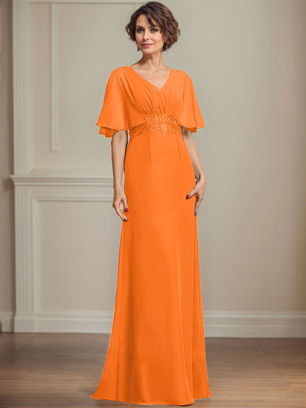 A-Linien Chiffon Mutter-der-Braut-Kleid mit V-Ausschnitt, bodenlang, mit plissierten Pailletten-Applikationen und Spitze