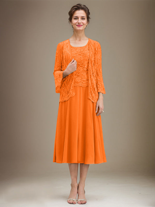 A-Linien Spitzen-Chiffon-Brautmutterkleid mit V-Ausschnitt, tea-length, mit Pailletten