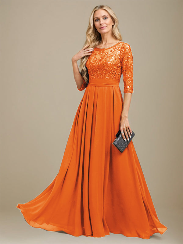 A-Line Scoop Floor-Length Lace Chiffon Mother Of the Bride Dress With Sequins Applique