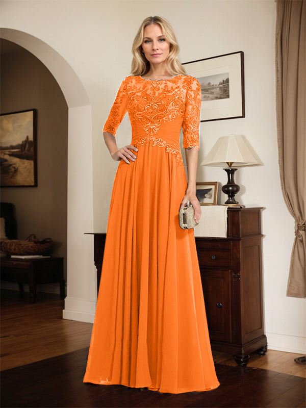 A-Linien Ausschnitt Illusions-Bodenlanges Chiffon-Spitzenkleid für die Mutter der Braut mit plissierten Pailletten