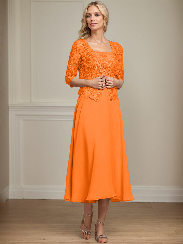 Robe de mère de la mariée en mousseline et dentelle ligne A longueur thé avec perles et sequins