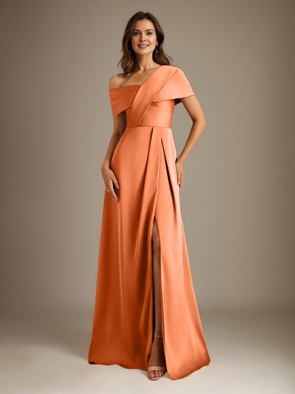 A-Linien asymmetrischer Ausschnitt bodenlanges Satin-Brautkleid für die Brautmutter mit Falten