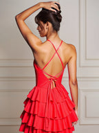 Orange A Line Halter Neck Satin Tiered Homecoming Dress with Keyhole