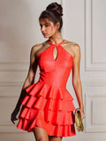 Orange A Line Halter Neck Satin Tiered Homecoming Dress with Keyhole