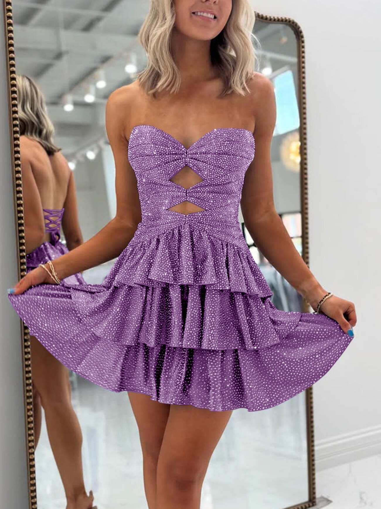 Vestido corto de fiesta satinado en línea A sin tirantes con escote corazón y abertura tipo ojo de cerradura