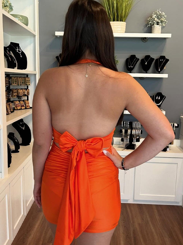 Orange Halter Tight Bow Back Satin Homecoming Dress