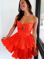 Orange Pleated A-line Short Homecoming Dress with Keyhole